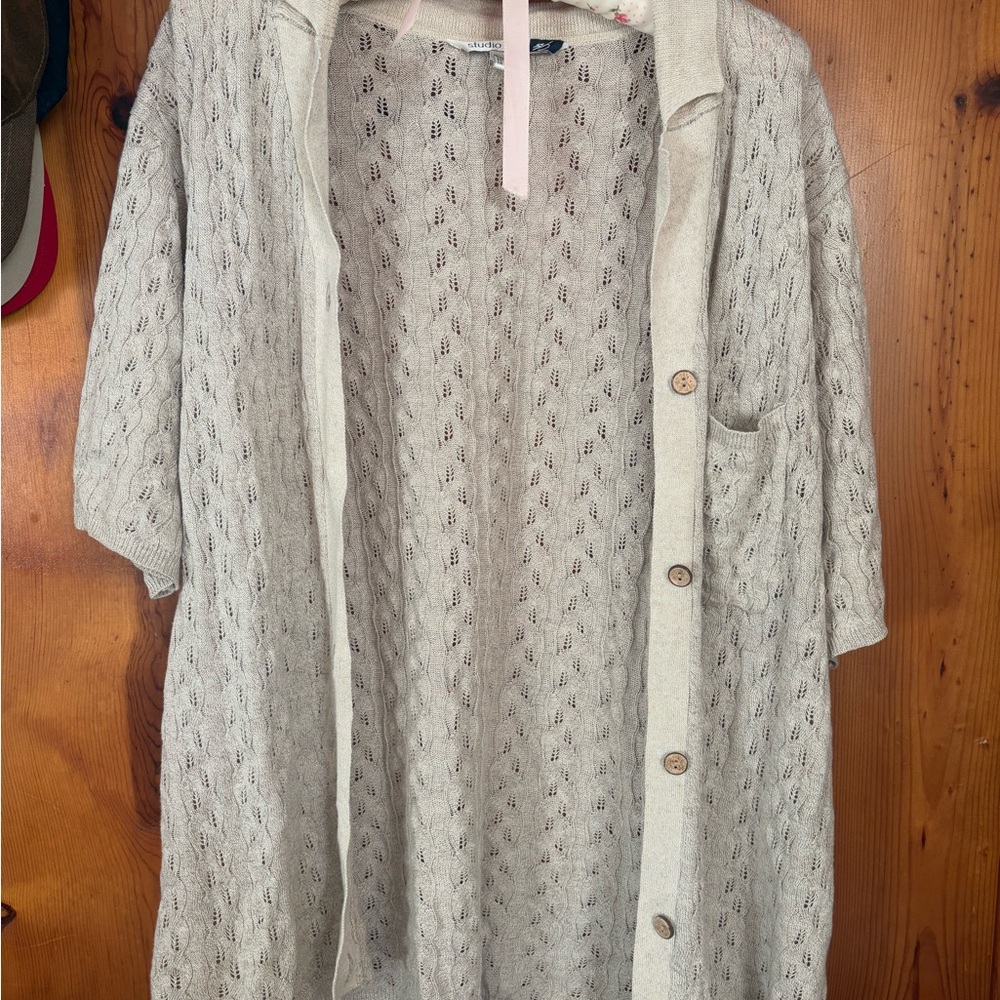 Cozy Beige short sleeve Knit Cardigan linen cotton blend size large